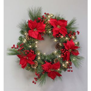 B/O Pre lit Red Poinsettia Wreath 50 WW Leds